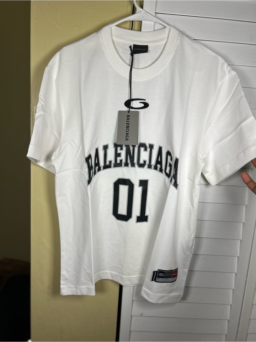 Balenciaga White Short Sleeve '01' Logo Tee with Black Print